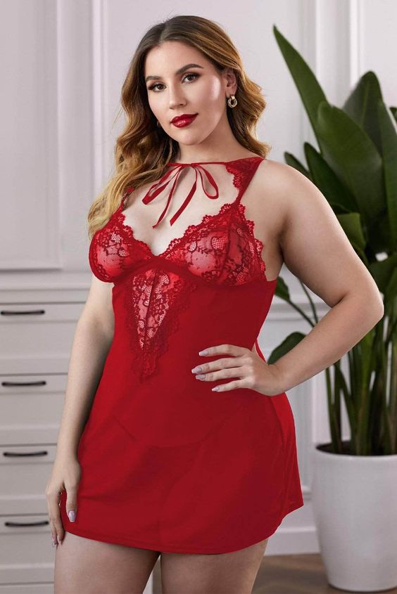 Lace Splicing Mesh Plus Size Lingerie Red