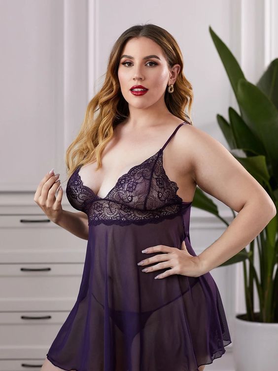 Plus Lace Sling Mesh Nightdress Lingerie Purple
